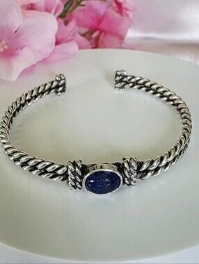 Vintage Sterling Silver 925 FAS  Blue Lapis Twisted Rope Cuff Bracelet